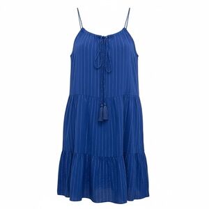 AQUA Royal Blue Metallic Silver Pin Stripe Tassel Tie Mini Dress Coastal Resort